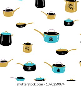 doodle background Cute cooking pots saucepan skillet. Seamless vector pattern. Trendy background for scrapbook paper, textile, web and packaging