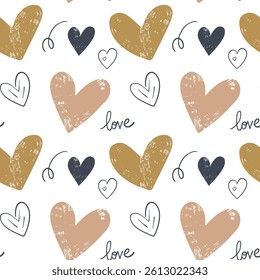 Fondo de Doodle con corazones lindos. Patrón sin fisuras con corazones dibujados a mano y texto de amor. Formas de doodle simples.
