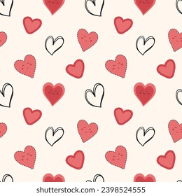 Doodle background with cute kawaii hearts. Valentine day Love seamless vector pattern. Hand drawn hearts.