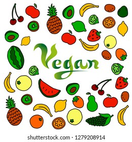 Doodle background with different fruits surrounding the word Vegan