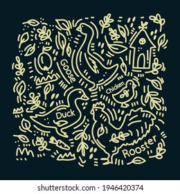 Doodle background with farm animals. Cute livestock pattern with bird lettering. The words and animals Duck, Chicken and Goose are drawn by hand. Vector illustration