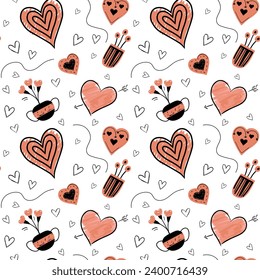 Doodle background flowers and hearts in trendy color. Valentine day seamless vector pattern. Hand drawn elements.