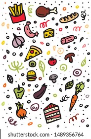 doodle background with food: tomatoes, hamburger, olives, sausage, garlic, onions, peppers, carrots, champignons, bread, loaf, french fries, chicken, cake, cheese, meal, pizza for menu