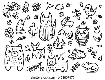 Doodle background with forest animals: desman, fox, bird, hedgehog, butterfly, hare, rabbit, deer, squirrel owl, bear, boar, deer, roe deer, mouse