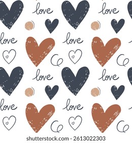 Doodle background with hearts. Seamless pattern with hand drawn hearts and text love. Simple doodle shapes.