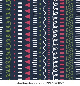 Doodle background. Modern abstract Seamless vector pattern. Ethnic and tribal style background pink, green, white, black. Hand drawn vertical strokes, lines, triangles repeating kids backdrop. 