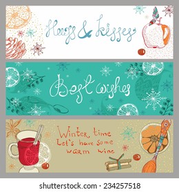 Doodle background with mulled warm wine and fruits, Christmas traditional drink, three banners for Holiday design