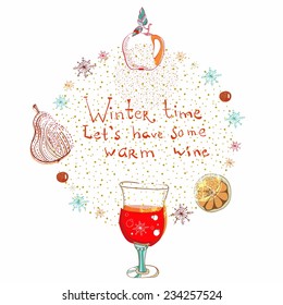 Doodle background with mulled warm wine for design, Christmas traditional drink