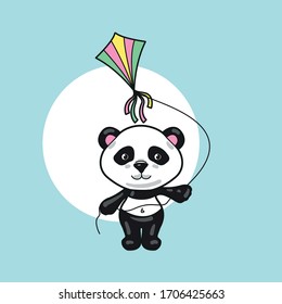 doodle background, panda bear plays with a kite, drawing