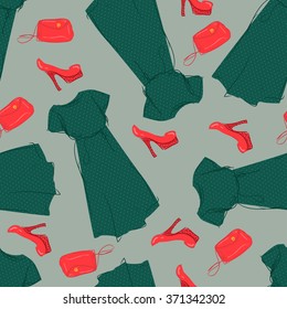 Doodle background pattern polka-dot dress, shoes and bag