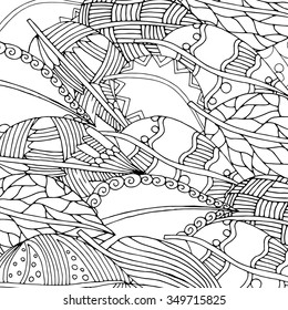 Doodle background pattern in vector with autumn leaves. Black and white background. Coloring book. Monochrome.