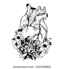Doodle background with realistic human heart, flowers for Valentine greeting card, wedding. Romantic sign, nature love concept. Line art, print, tattoo sketch