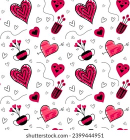 Doodle background with romantic flowers and hearts. Valentine day seamless vector pattern. Hand drawn love elements.