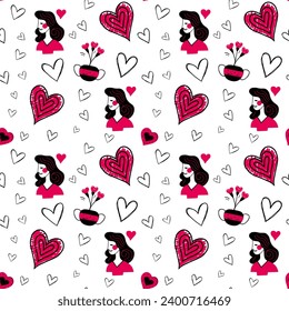 Doodle background with romantic girl and hearts. Valentine day seamless vector pattern. Hand drawn love elements.