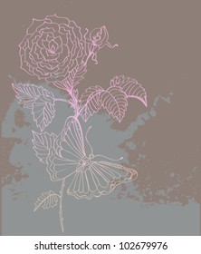 doodle background with roses and butterflies,vector hand-drawing illustration