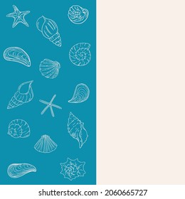 Doodle background with starfish and seashells, hand-drawn sea wallpaper.Fossils painted by ink, pen.Line, minimalism.Simple sketchy template. Isolated. Vector illustration.