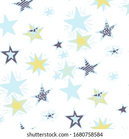 Doodle Background with Stars. Childish Background for Print, Decoration or Card. Colorful Starry Stripes in Simple Style. Seamless Primitive Stars. Cute Doodle Pattern. Seamless Pattern for Children.