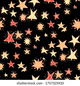 Doodle Background with Stars. Cute Doodle Pattern. Seamless Primitive Stars. Childish Background for Print, Decoration or Card. Colorful Starry Stripes in Simple Style. Seamless Pattern for Children.