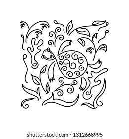 Doodle background. Turtle, flowers, twigs. Vector