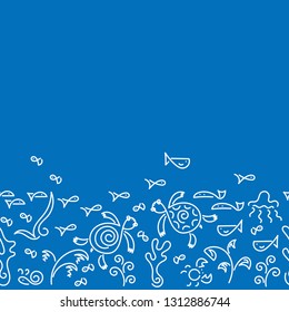 Doodle background. Two Sea Turtle, fish, underwater plants. Vector