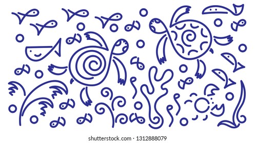 Doodle background. Two Sea Turtle, fish, underwater plants. Vector