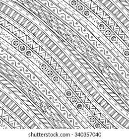 Doodle Background In Vector With Doodles And Ethnic Pattern. Vector Ethnic Pattern Can Be Used For Wallpaper, Pattern Fills, Coloring Books And Pages For Kids And Adults. Black And White.