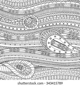 Doodle background in vector with doodles and ethnic pattern. Vector ethnic pattern can be used for wallpaper, pattern fills, coloring books and pages for kids and adults. Black and white.