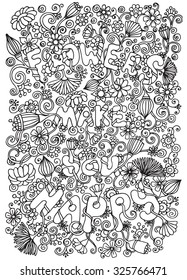 Doodle background in vector with doodles, flowers and paisley. Vector ethnic pattern can be used for wallpaper, pattern fills, coloring books and pages for kids and adults. Black and white.