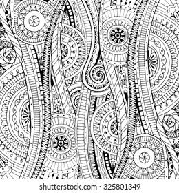 Doodle background in vector with doodles, flowers and paisley. Vector ethnic pattern can be used for wallpaper, pattern fills, coloring books and pages for kids and adults. Black and white.