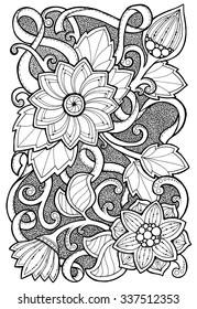 Doodle background in vector with doodles, flowers and paisley. Vector ethnic pattern can be used for wallpaper, pattern fills, coloring books and pages for kids and adults. Black and white.