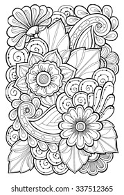 Doodle background in vector with doodles, flowers and paisley. Vector ethnic pattern can be used for wallpaper, pattern fills, coloring books and pages for kids and adults. Black and white.