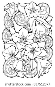 Doodle background in vector with doodles, flowers and paisley. Vector ethnic pattern can be used for wallpaper, pattern fills, coloring books and pages for kids and adults. Black and white.