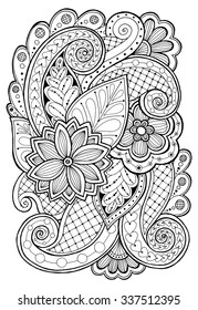 Doodle background in vector with doodles, flowers and paisley. Vector ethnic pattern can be used for wallpaper, pattern fills, coloring books and pages for kids and adults. Black and white.