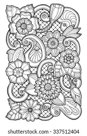 Doodle background in vector with doodles, flowers and paisley. Vector ethnic pattern can be used for wallpaper, pattern fills, coloring books and pages for kids and adults. Black and white.