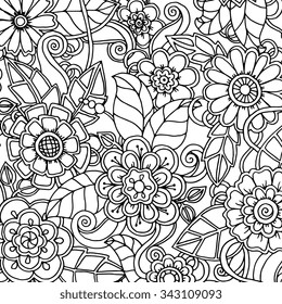 Doodle background in vector with doodles, flowers and paisley. Vector ethnic pattern can be used for wallpaper, pattern fills, coloring books and pages for kids and adults. Black and white.