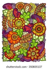 Doodle background in vector with doodles, flowers and paisley. Vector ethnic pattern can be used for wallpaper, pattern fills, coloring books and pages for kids and adults.