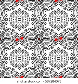 Doodle background in vector with doodles, flowers and paisley. Vector ethnic pattern can be used for wallpaper, pattern fills, coloring books and pages for kids and adults. Red background.