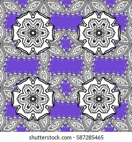 Doodle background in vector with doodles, flowers and paisley. Vector ethnic pattern can be used for wallpaper, pattern fills, coloring books and pages for kids and adults. Violet background.