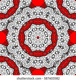 Doodle background in vector with doodles, flowers and paisley. Vector ethnic pattern can be used for wallpaper, pattern fills, coloring books and pages for kids and adults. Red background.