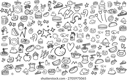 The doodle background in the vector file features icons themed around food.