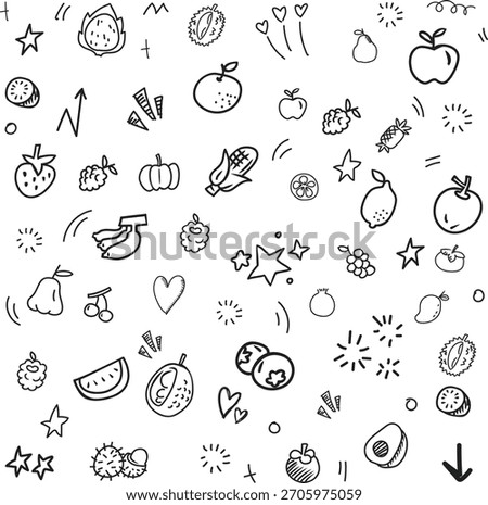 The doodle background in the vector file features fruit-themed icons.