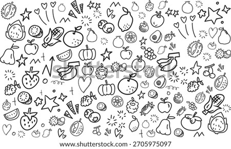 The doodle background in the vector file features fruit-themed icons.