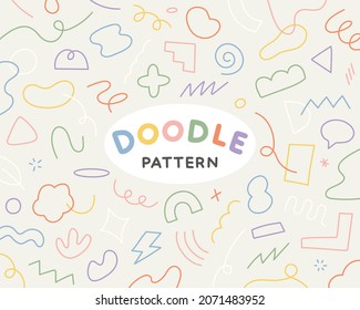 Un fondo de doodle en el que los objetos de diseño suave y sencillo en tonos pastel se dibujan con líneas. Plantilla de diseño de patrones simple.