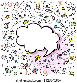 Doodle background with word bubble and hand drawn icons. Blog concept. Line art, vector illustration
