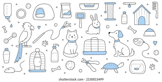 Doodle background with zoo market pets care production. Domestic cat, dog, parrot, rabbit with turtle or fish in aquarium. Food, comb and leash, bone, cosmetics bottles, Linear vector illustration