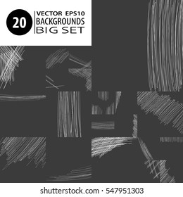 Doodle backgrounds. Big set of 20 abstract layouts. Ink scribbles templates. Pencil hand drawn effect. Vector illustrations for modern printed products.