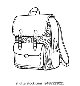 Ilustración de mochila de garabato. Educación de fondo de diseño de estudio. Concepto de regreso a la escuela. Bolso de camping dibujado a mano. Para tarjeta, Web, libro de colorear, embalaje. Ilustración de la línea de Vector.