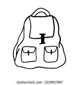 Mochila Doodle aislada en blanco. Viajes, vacaciones, ilustración turística