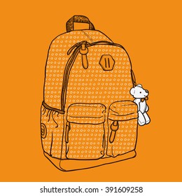 doodle backpack with polka dots with teddy bear on an orange background