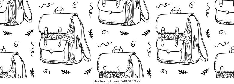 Doodle backpack seamless pattern design. Education background outline design. Study illustration. Back to school concept. Hand drawn Camping bag. For textile, packaging. Vector line illustration.